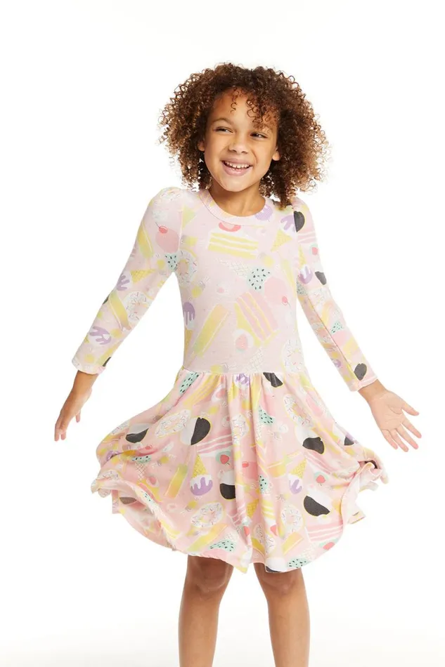 Kids Girls Chaser Brand Puff Sweet Treats Long Sleeve Dress With Twirl Skirt