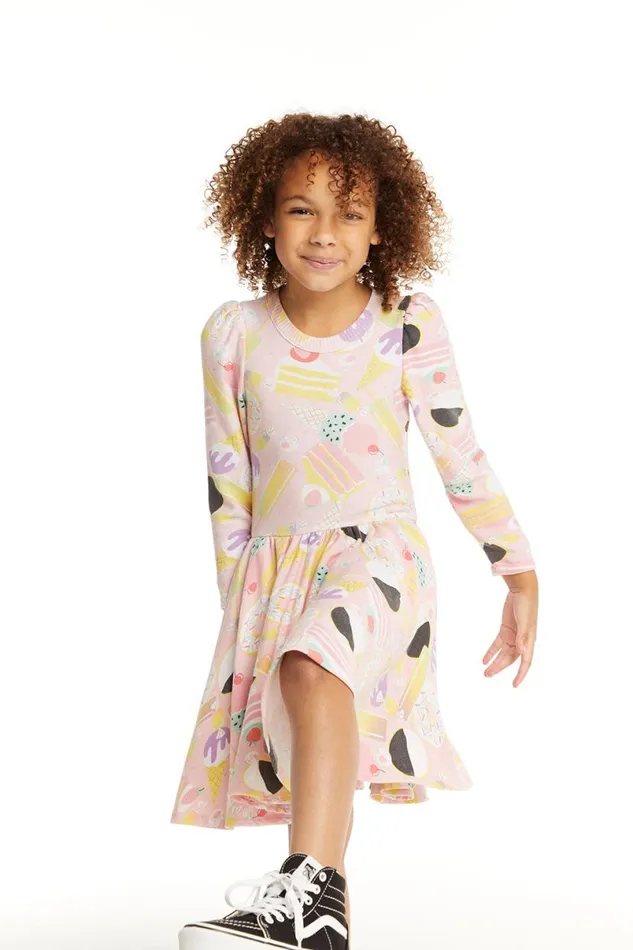 Kids Girls Chaser Brand Puff Sweet Treats Long Sleeve Dress With Twirl Skirt