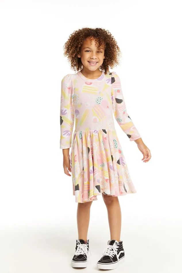 Kids Girls Chaser Brand Puff Sweet Treats Long Sleeve Dress With Twirl Skirt