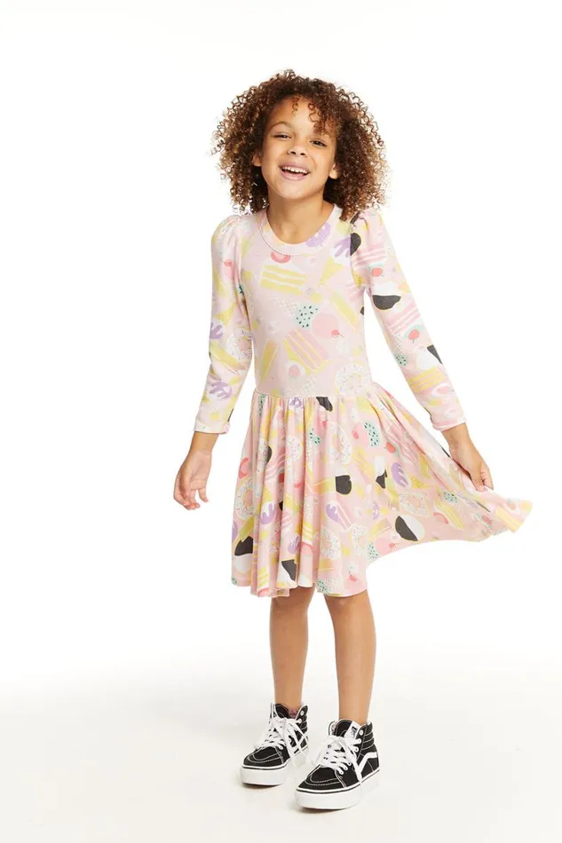 Kids Girls Chaser Brand Puff Sweet Treats Long Sleeve Dress With Twirl Skirt