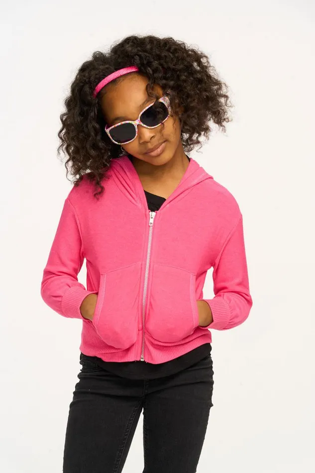 Kids Girls Chaser Brand Puffy Flamingo Pink Cozy Knit Zip Up Hoodie