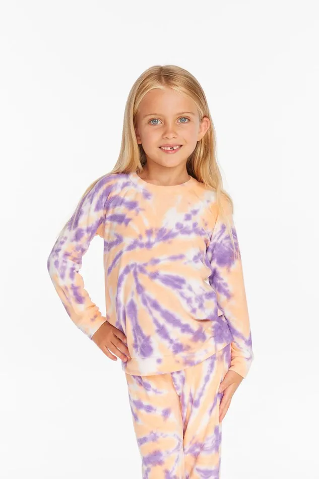 Kids Girls Chaser Brand Reverse Peach Lavender Tie Dye Cozy Knit Pullover