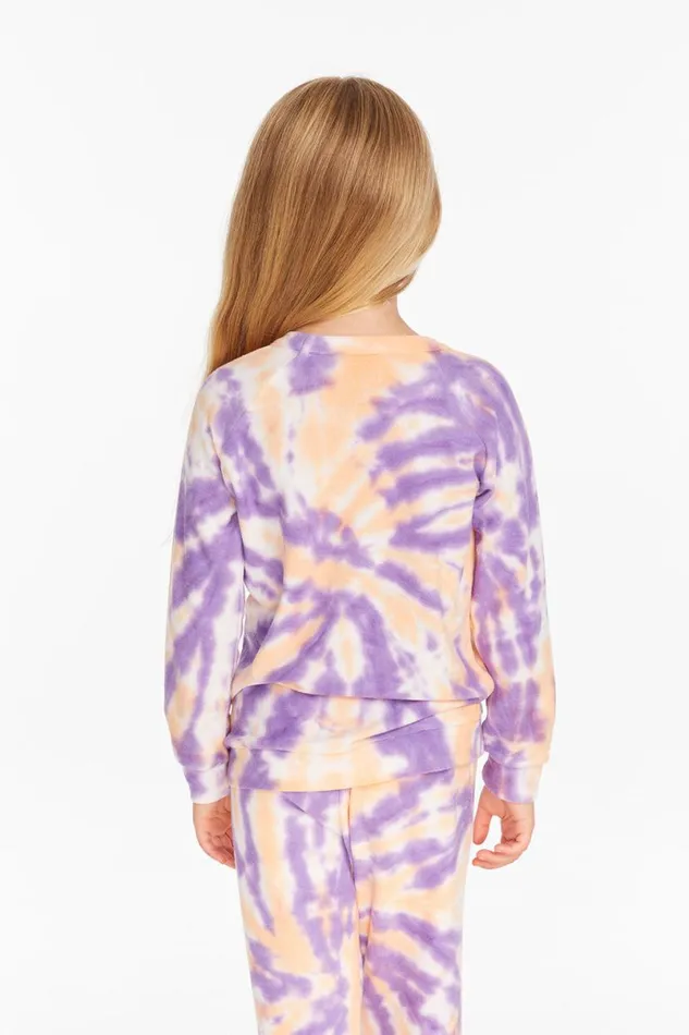 Kids Girls Chaser Brand Reverse Peach Lavender Tie Dye Cozy Knit Pullover