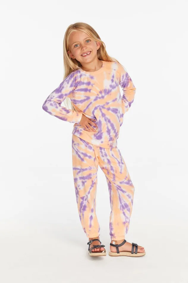 Kids Girls Chaser Brand Reverse Peach Lavender Tie Dye Cozy Knit Pullover