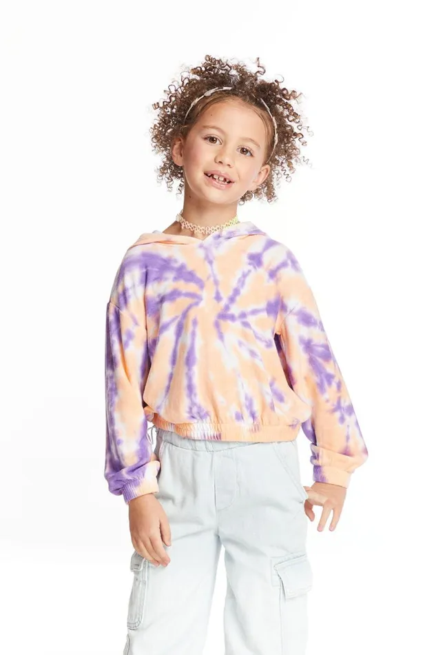Kids Girls Chaser Brand Semi Cropped Peach Lavender Girls Shirred Hoodie Pullover