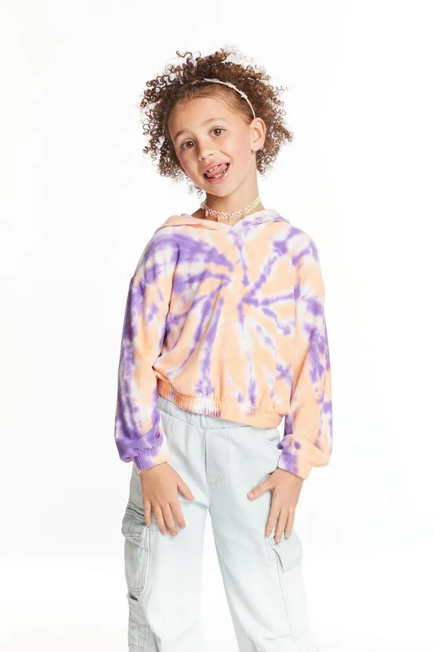 Kids Girls Chaser Brand Semi Cropped Peach Lavender Girls Shirred Hoodie Pullover