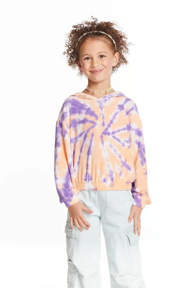 Kids Girls Chaser Brand Semi Cropped Peach Lavender Girls Shirred Hoodie Pullover