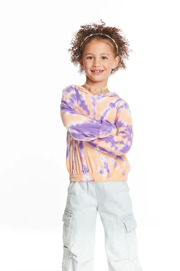 Kids Girls Chaser Brand Semi Cropped Peach Lavender Girls Shirred Hoodie Pullover