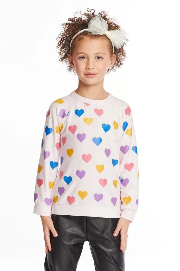 Kids Girls Chaser Brand Shiny Hearts Girls Love Knit Raglan Pullover