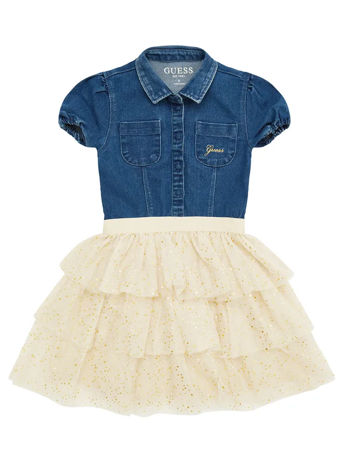 Kids Little Girl GUESS Blue Plain Mesh Denim Dress 25