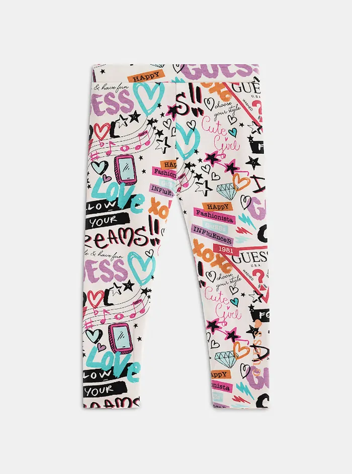 Kids Little Girl GUESS White Graffiti Print Logo Reversible Leggings 27