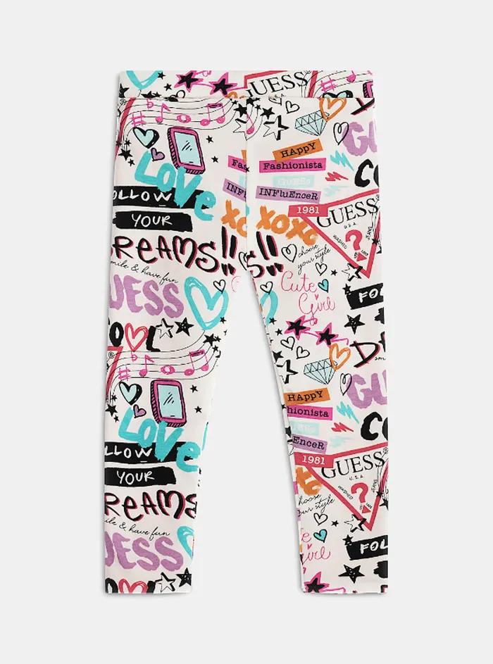 Kids Little Girl GUESS White Graffiti Print Logo Reversible Leggings 27