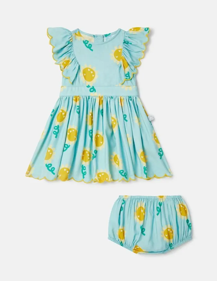 Kids Sunflower Print Sleeveless Dress And Bloomers Set Aqua Blue Stella McCartney Baby Girls