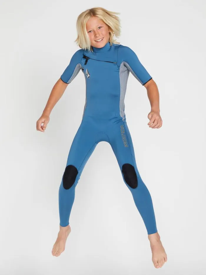 Kids Wetsuits Volcom Big Boys Modulator 2mm Chest Zip Short Sleeve Fullsuit 8211 Cruzer Blue