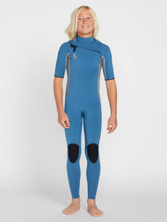 Kids Wetsuits Volcom Big Boys Modulator 2mm Chest Zip Short Sleeve Fullsuit 8211 Cruzer Blue