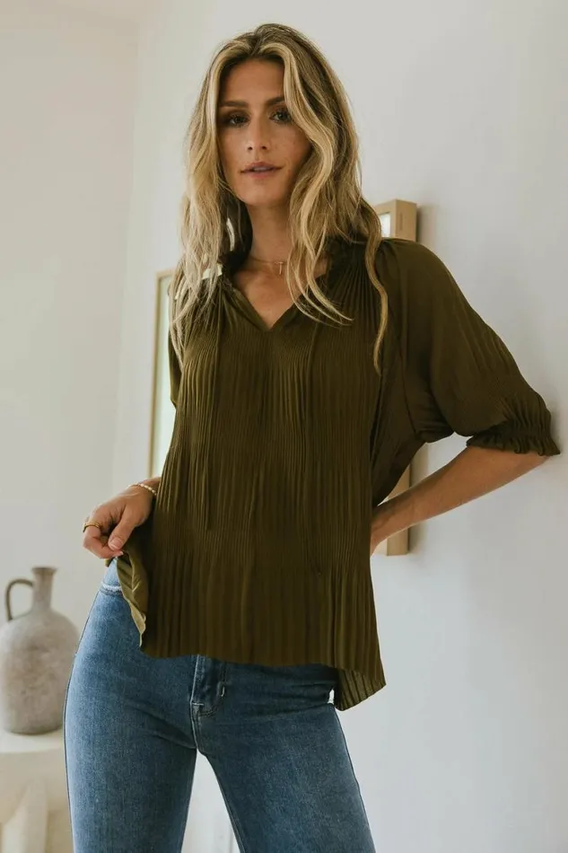 Killian Pleated Blouse In Olive Olive Women Bohme Tops