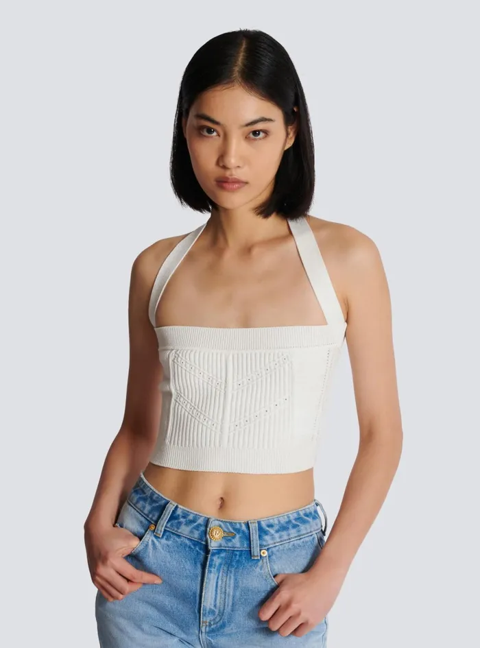 Knitted Halterneck Top White Women Balmain Tops And Shirts