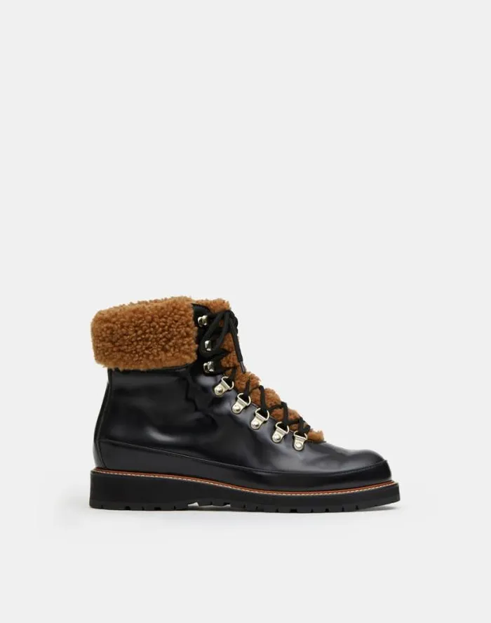 Lafayette 148 New York Brushed Leather and Shearling LaceUp Lug Sole Boot Black Multi Shoes Boots