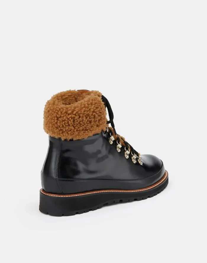 Lafayette 148 New York Brushed Leather and Shearling LaceUp Lug Sole Boot Black Multi Shoes Boots