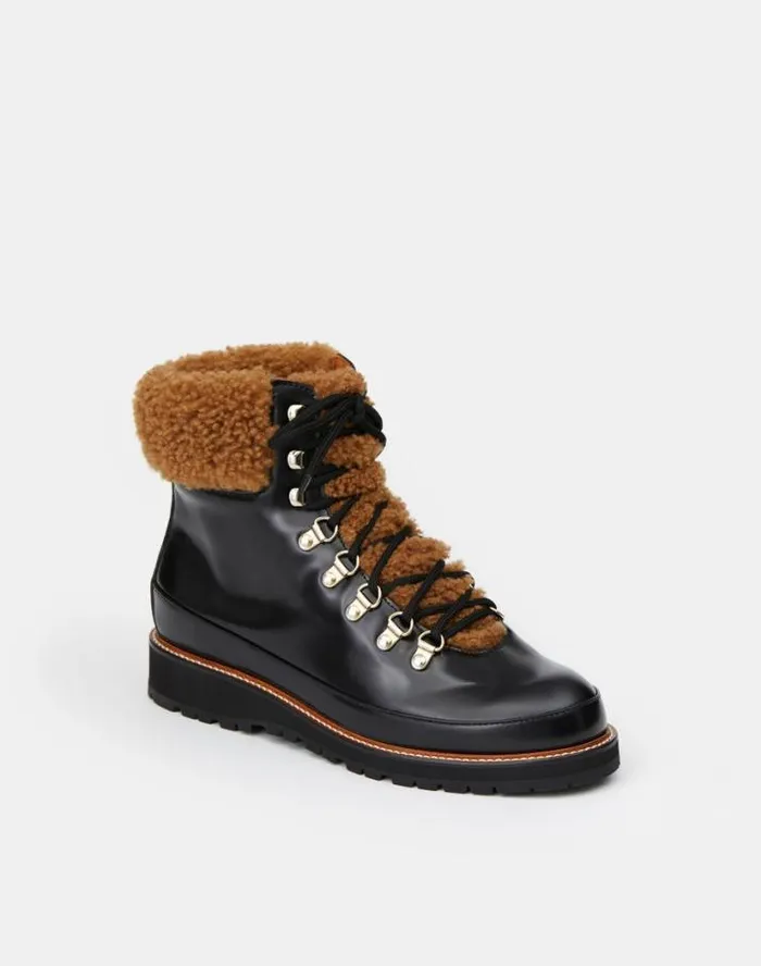 Lafayette 148 New York Brushed Leather and Shearling LaceUp Lug Sole Boot Black Multi Shoes Boots