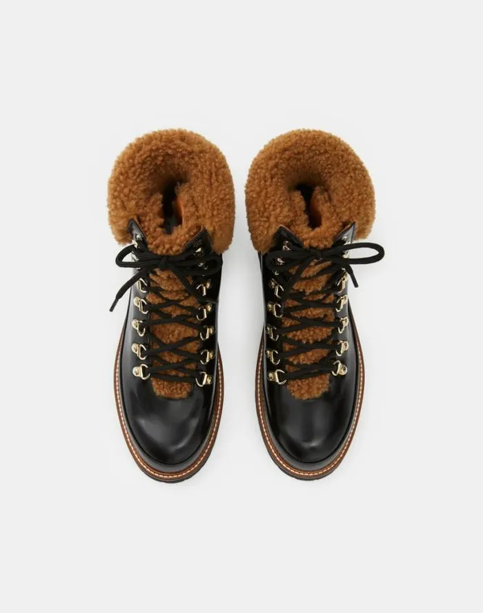 Lafayette 148 New York Brushed Leather and Shearling LaceUp Lug Sole Boot Black Multi Shoes Boots