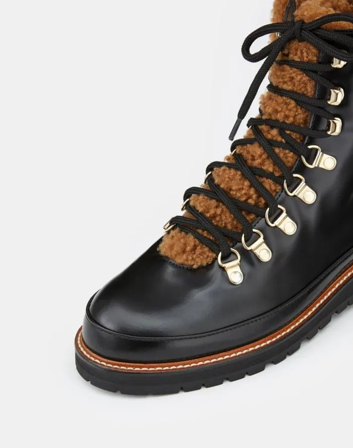 Lafayette 148 New York Brushed Leather and Shearling LaceUp Lug Sole Boot Black Multi Shoes Boots