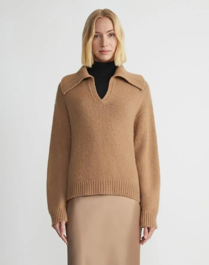 Lafayette 148 New York Camel Hair Chainette Collared Sweater Camel Ready To Wear Sweaters and Knits