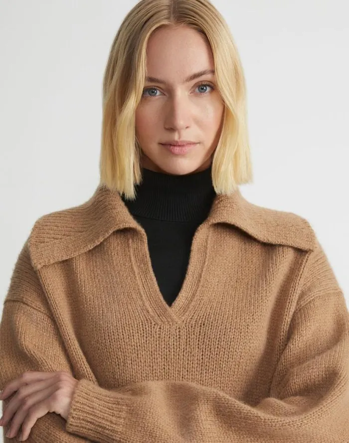 Lafayette 148 New York Camel Hair Chainette Collared Sweater Camel Ready To Wear Sweaters and Knits