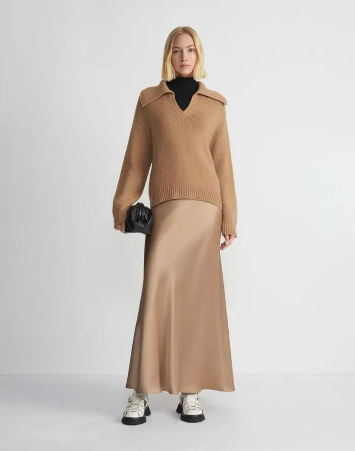 Lafayette 148 New York Camel Hair Chainette Collared Sweater Camel Ready To Wear Sweaters and Knits