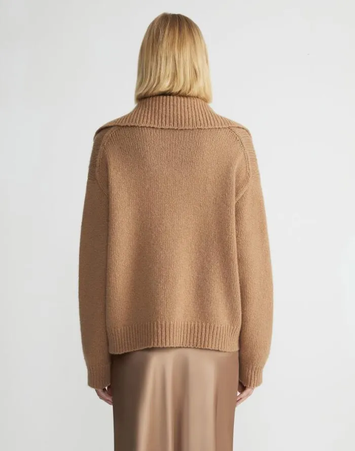 Lafayette 148 New York Camel Hair Chainette Collared Sweater Camel Ready To Wear Sweaters and Knits