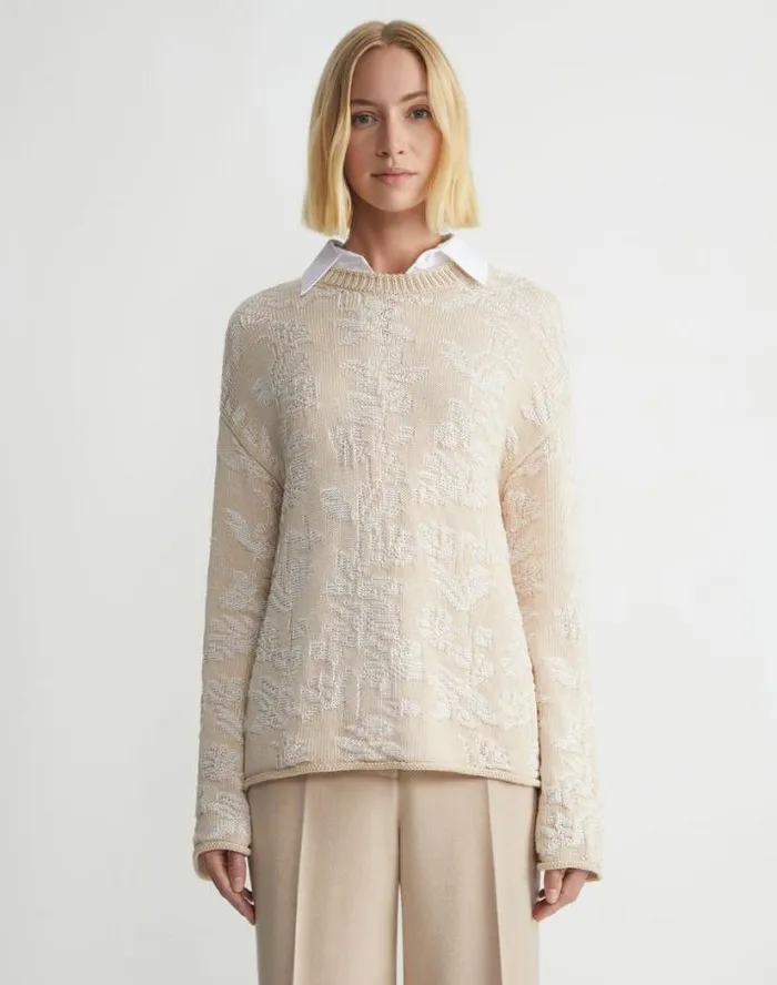 Lafayette 148 New York Flora Bloom CottonSilk Tape Textured Stitch Sweater Pampas Plume Multi Ready To Wear Sweaters and Knits
