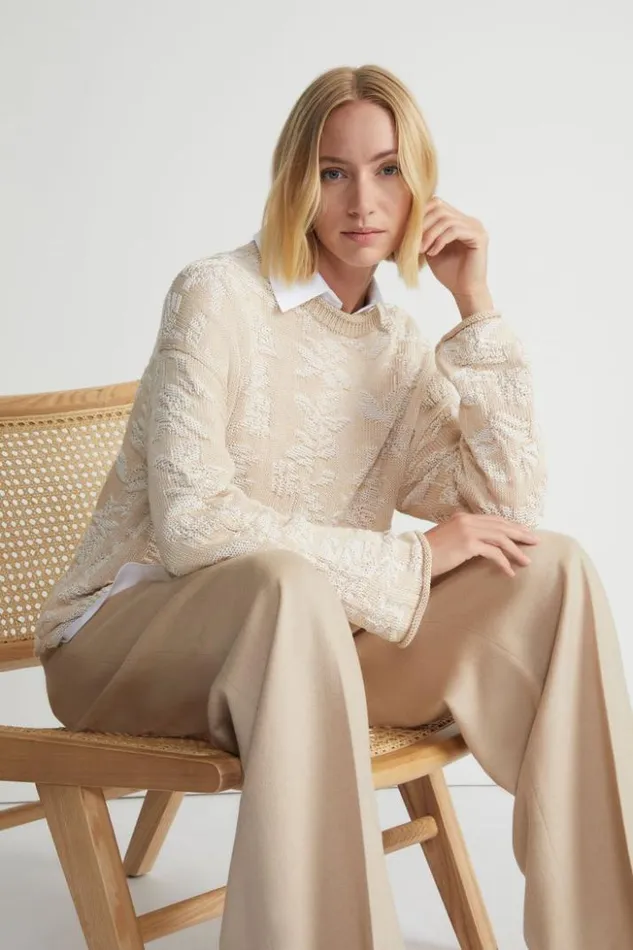 Lafayette 148 New York Flora Bloom CottonSilk Tape Textured Stitch Sweater Pampas Plume Multi Ready To Wear Sweaters and Knits