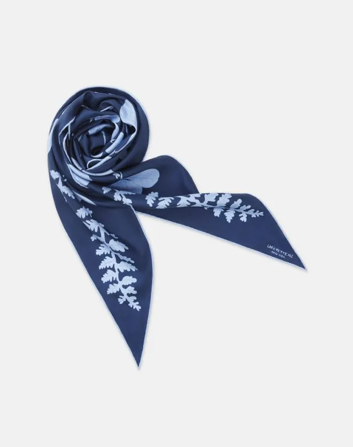 Lafayette 148 New York Flora Print Silk Diamond Scarf Midnight Blue Multi Accessories Wraps and Scarves