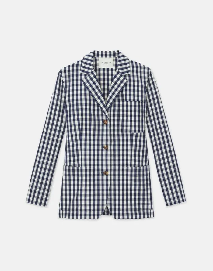 Lafayette 148 New York Gingham Crinkle CottonLinen Three Button Blazer Midnight Blue Multi Ready To Wear Jackets and Blazers Lafayette 148 New York Gingham Crinkle CottonLinen Three Button Blazer Midnight Blue Multi Ready To Wear Jackets and Blazers