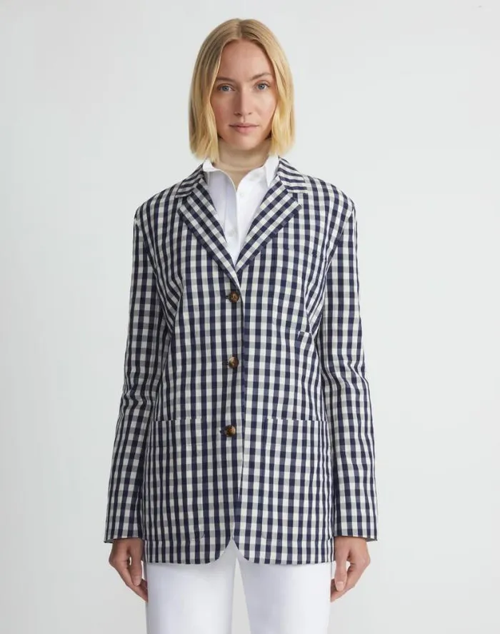 Lafayette 148 New York Gingham Crinkle CottonLinen Three Button Blazer Midnight Blue Multi Ready To Wear Jackets and Blazers