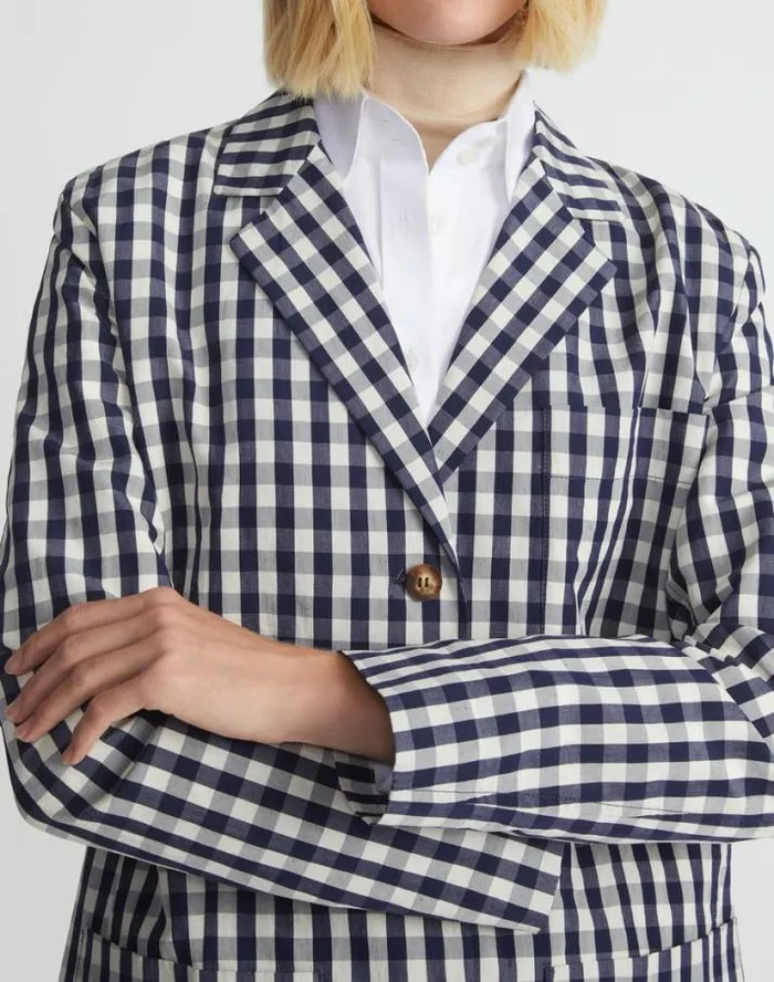 Lafayette 148 New York Gingham Crinkle CottonLinen Three Button Blazer Midnight Blue Multi Ready To Wear Jackets and Blazers