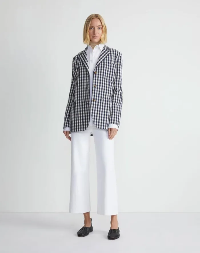 Lafayette 148 New York Gingham Crinkle CottonLinen Three Button Blazer Midnight Blue Multi Ready To Wear Jackets and Blazers