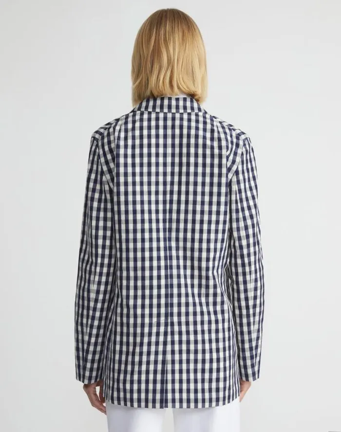 Lafayette 148 New York Gingham Crinkle CottonLinen Three Button Blazer Midnight Blue Multi Ready To Wear Jackets and Blazers