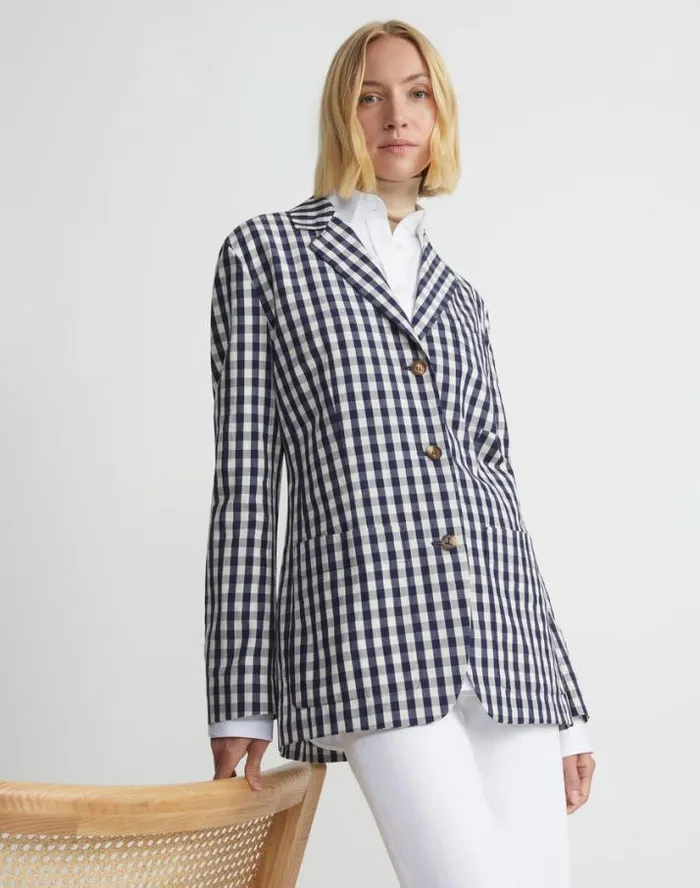 Lafayette 148 New York Gingham Crinkle CottonLinen Three Button Blazer Midnight Blue Multi Ready To Wear Jackets and Blazers
