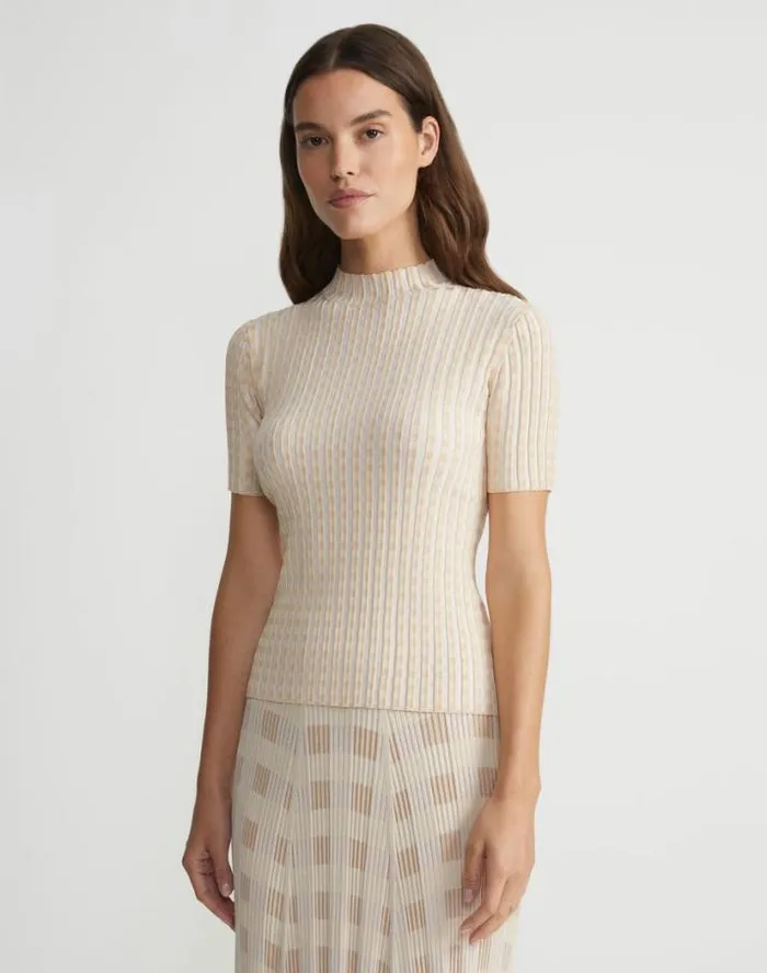 Lafayette 148 New York Gingham Responsible Matte Crepe Short Sleeve Sweater Pampas Plume Multi Ready To Wear Sweaters and Knits
