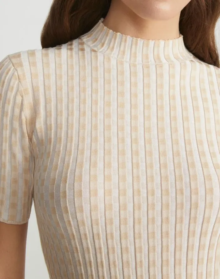 Lafayette 148 New York Gingham Responsible Matte Crepe Short Sleeve Sweater Pampas Plume Multi Ready To Wear Sweaters and Knits