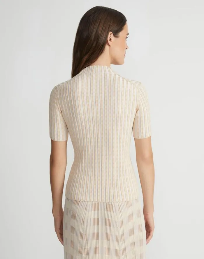 Lafayette 148 New York Gingham Responsible Matte Crepe Short Sleeve Sweater Pampas Plume Multi Ready To Wear Sweaters and Knits