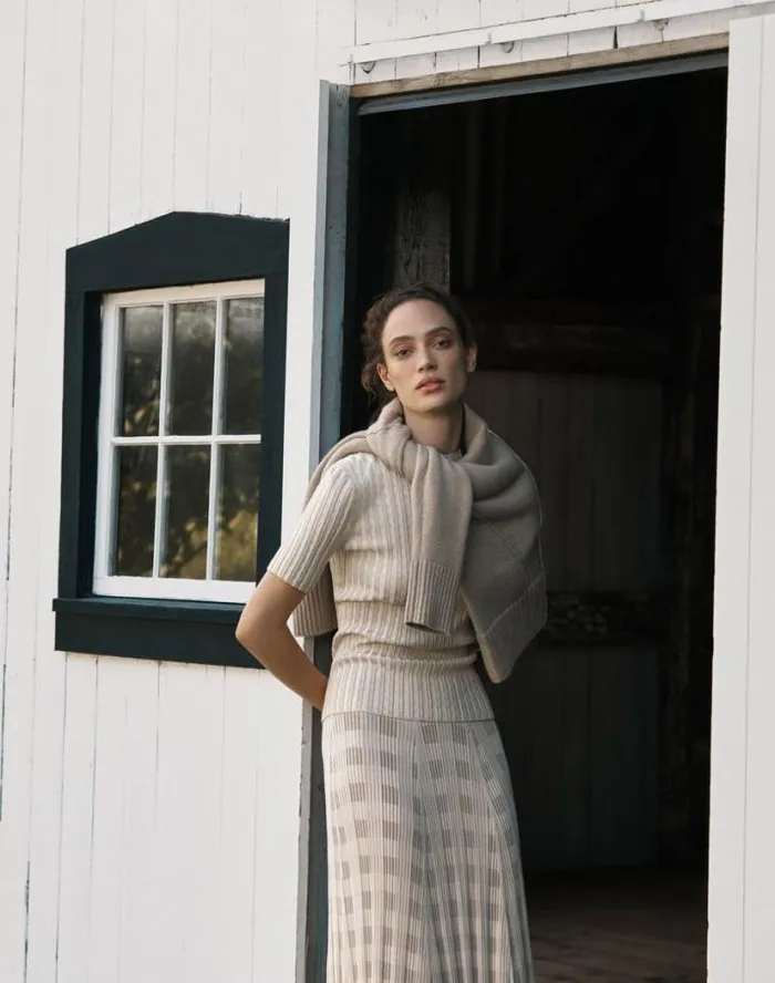 Lafayette 148 New York Gingham Responsible Matte Crepe Short Sleeve Sweater Pampas Plume Multi Ready To Wear Sweaters and Knits
