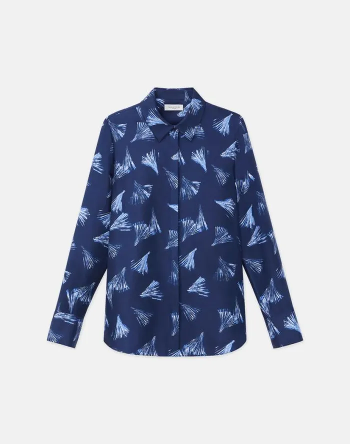 Lafayette 148 New York Leafed Pages Print Silk Twill Blouse Midnight Blue Multi Ready To Wear Blouses and Shirts Lafayette 148 New York Leafed Pages Print Silk Twill Blouse Midnight Blue Multi Ready To Wear Blouses and Shirts
