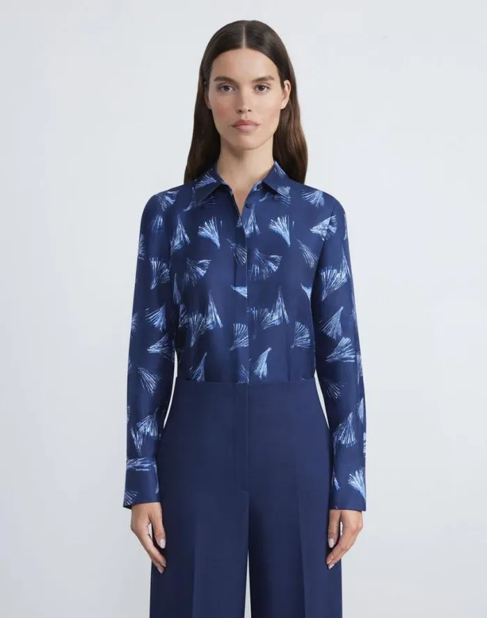 Lafayette 148 New York Leafed Pages Print Silk Twill Blouse Midnight Blue Multi Ready To Wear Blouses and Shirts