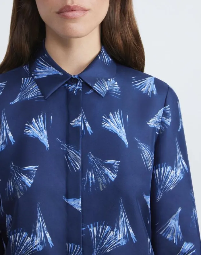 Lafayette 148 New York Leafed Pages Print Silk Twill Blouse Midnight Blue Multi Ready To Wear Blouses and Shirts