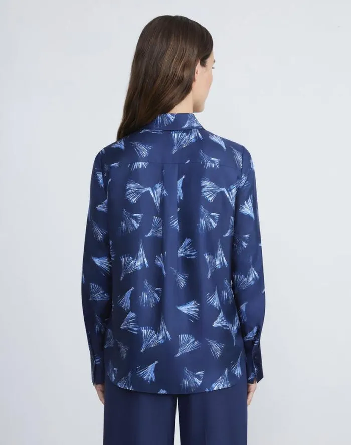 Lafayette 148 New York Leafed Pages Print Silk Twill Blouse Midnight Blue Multi Ready To Wear Blouses and Shirts
