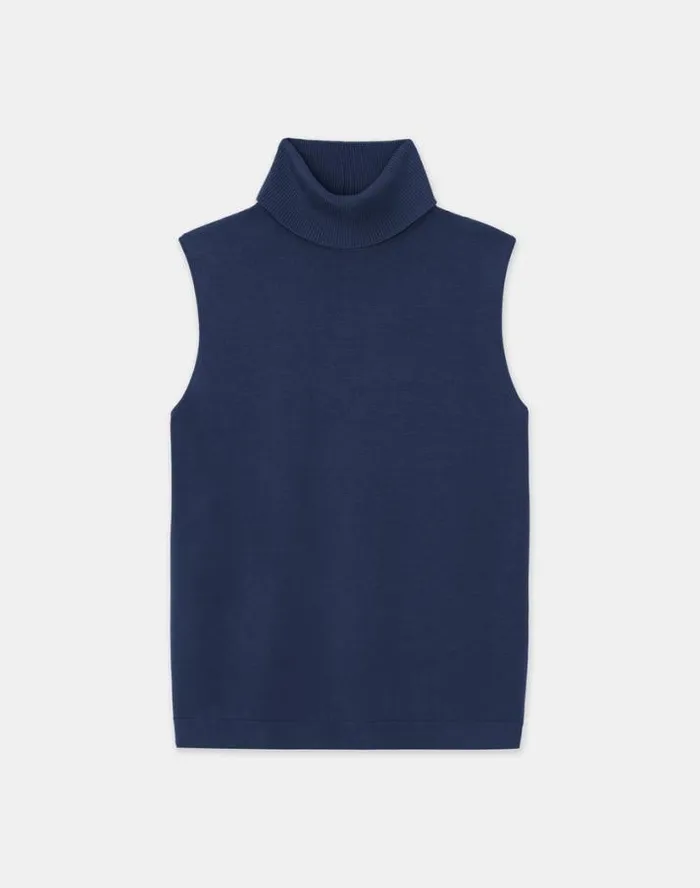 Lafayette 148 New York Matte Crepe Sleeveless Turtleneck Sweater Midnight Blue Ready To Wear Sweaters and Knits Lafayette 148 New York Matte Crepe Sleeveless Turtleneck Sweater Midnight Blue Ready To Wear Sweaters and Knits