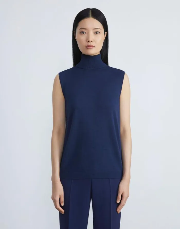 Lafayette 148 New York Matte Crepe Sleeveless Turtleneck Sweater Midnight Blue Ready To Wear Sweaters and Knits