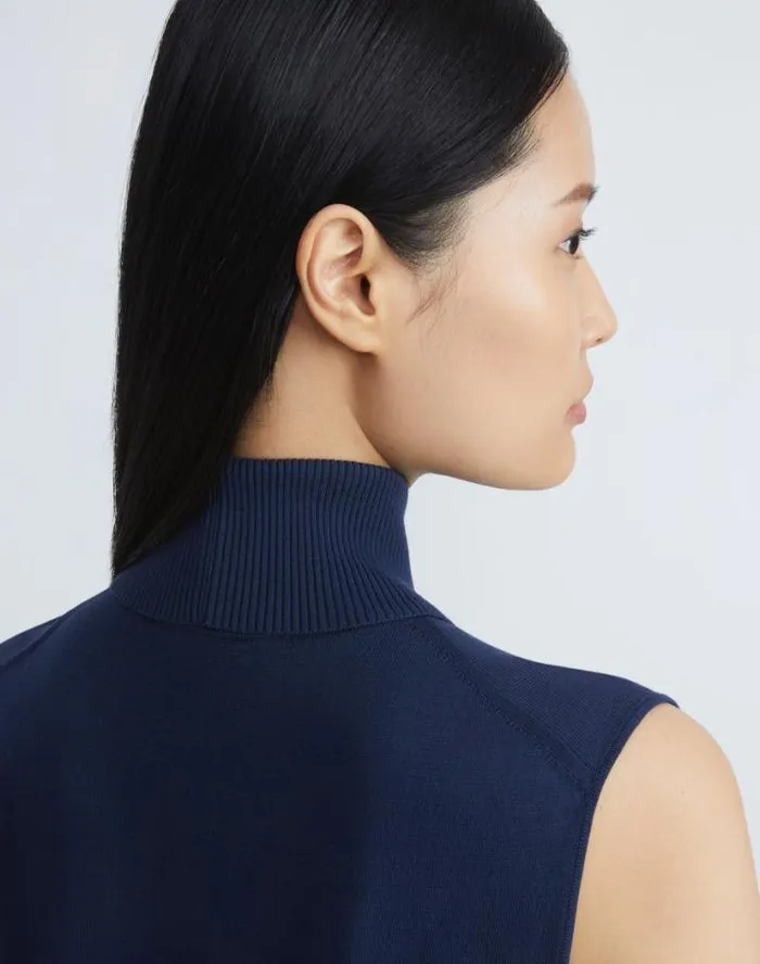 Lafayette 148 New York Matte Crepe Sleeveless Turtleneck Sweater Midnight Blue Ready To Wear Sweaters and Knits